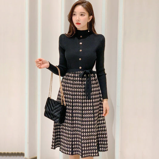 Temperament Lace-Up Waist Houndstooth Knitted Large Swing Skirt