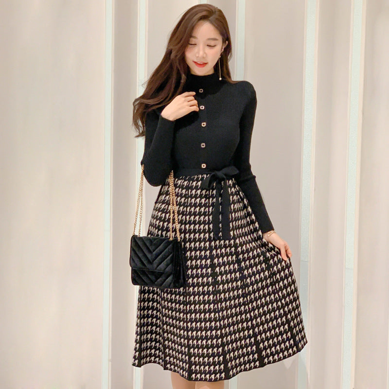 Temperament Lace-Up Waist Houndstooth Knitted Large Swing Skirt
