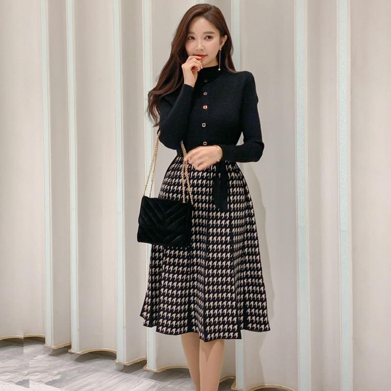 Temperament Lace-Up Waist Houndstooth Knitted Large Swing Skirt