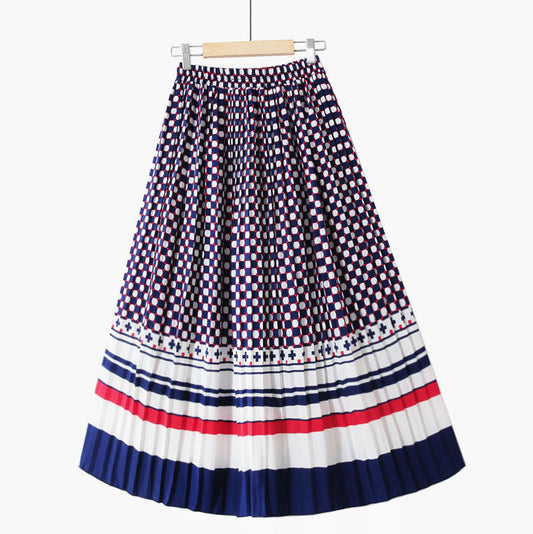 Chiffon A-line Large-Print Pleated Midi Skirt