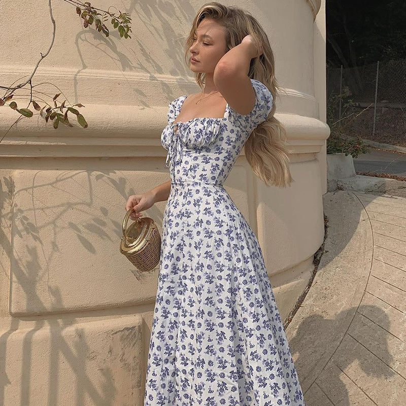 Puff Short-Sleeve Floral Long Dress