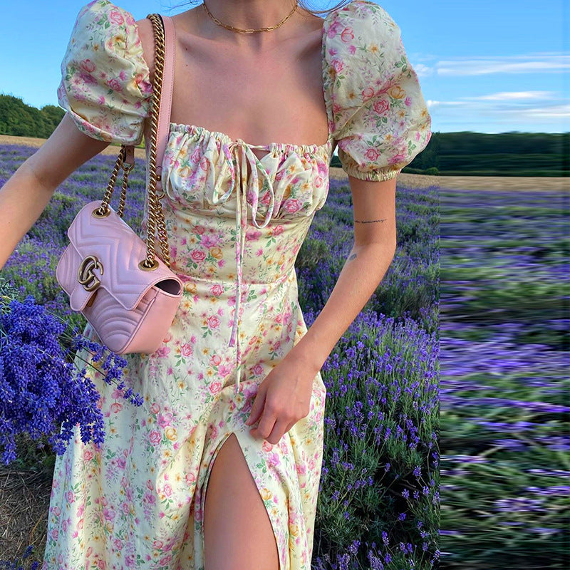 Puff Short-Sleeve Floral Long Dress