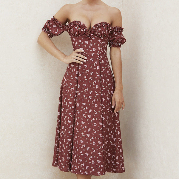 Puff Short-Sleeve Floral Long Dress