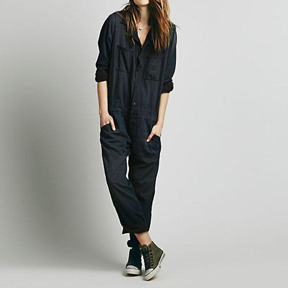 Women's Solid-Colour Jumpsuit - Casual Pocket Trousers