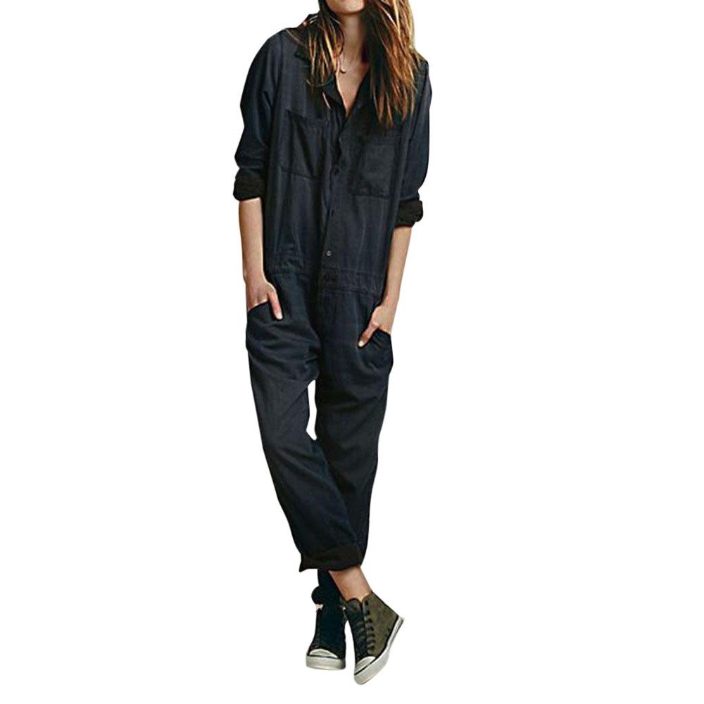 Women's Solid-Colour Jumpsuit - Casual Pocket Trousers