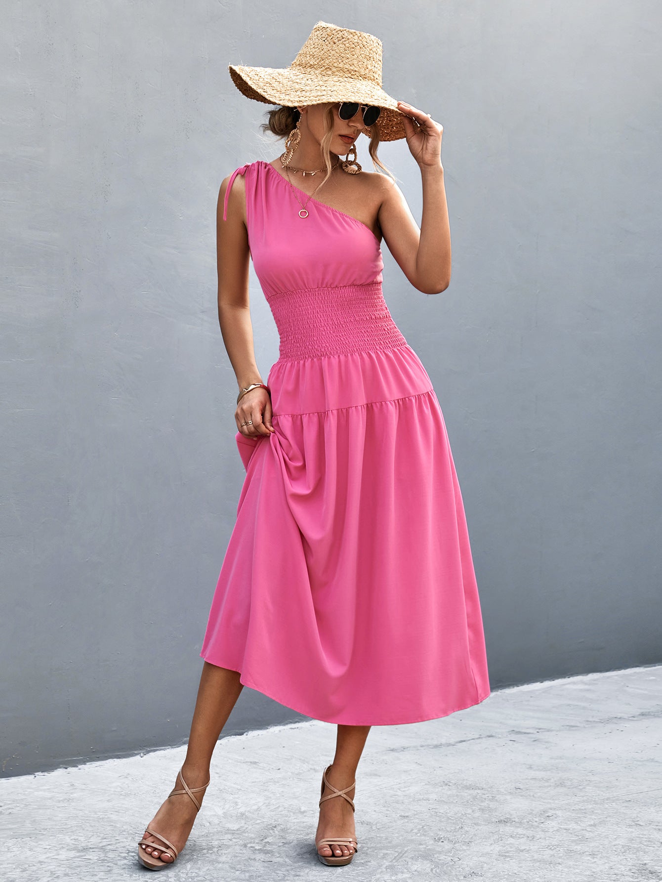Slant-Shoulder Smocking Dress - European & American Style