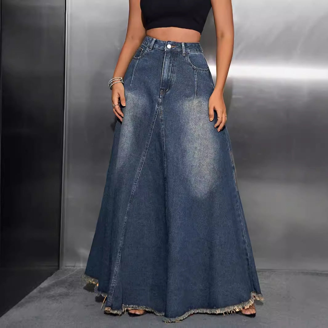 Retro Washed All-Matching Long Denim Skirt