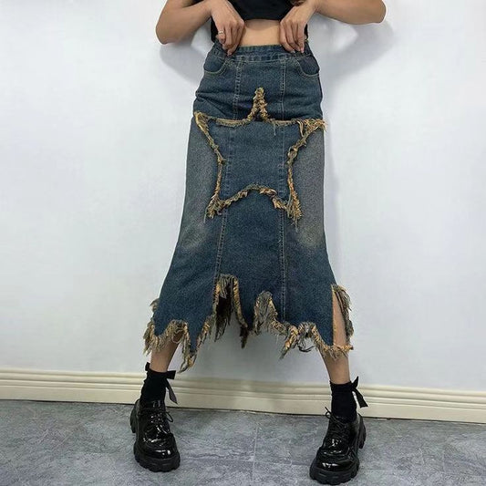 Retro High-Waist Irregular Denim Skirt