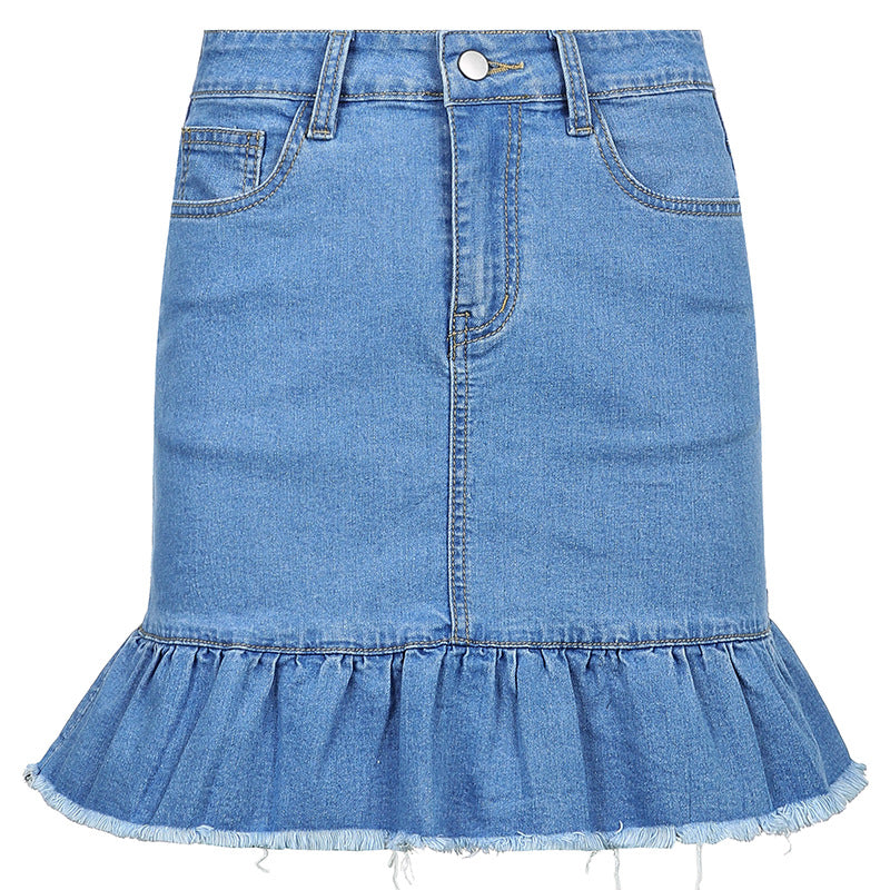 Retro Stitching Pleated Denim Skirt