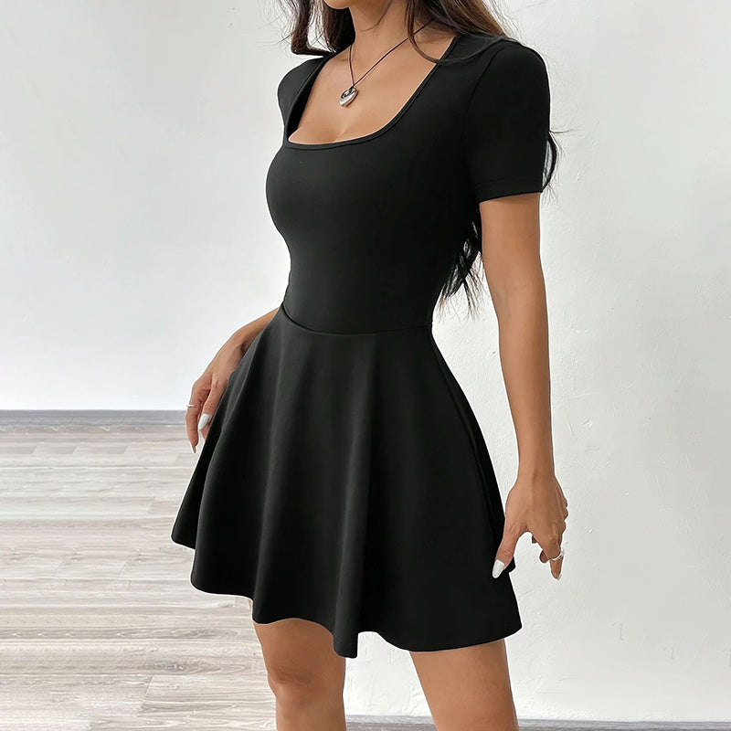 Square-Neck Short-Sleeve Ruffle-Hem  Flare Mini Dress - US Only