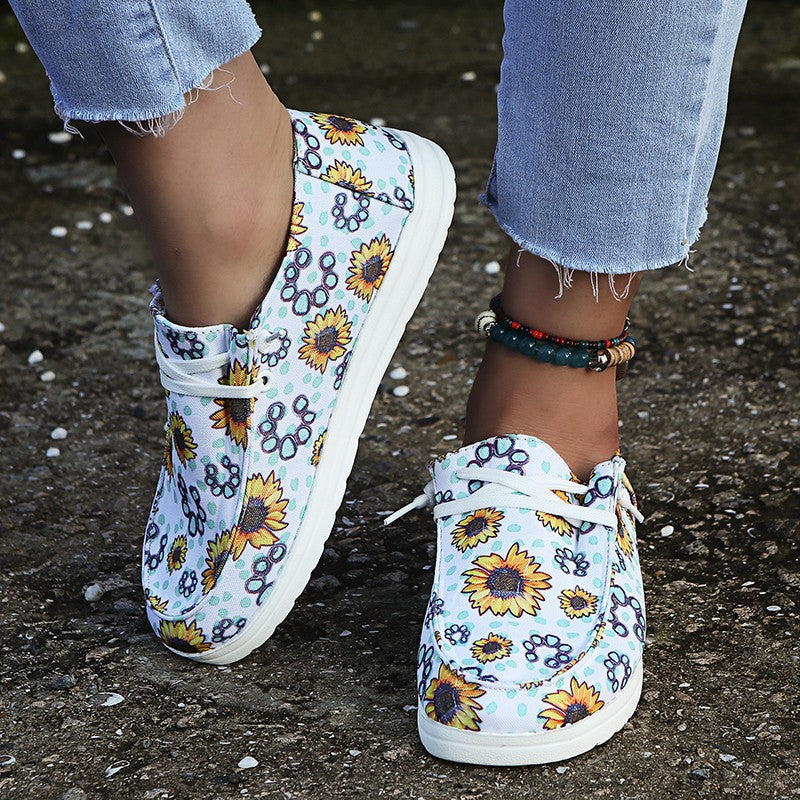 Sunflower Print Flat Casual Canvas Shoes