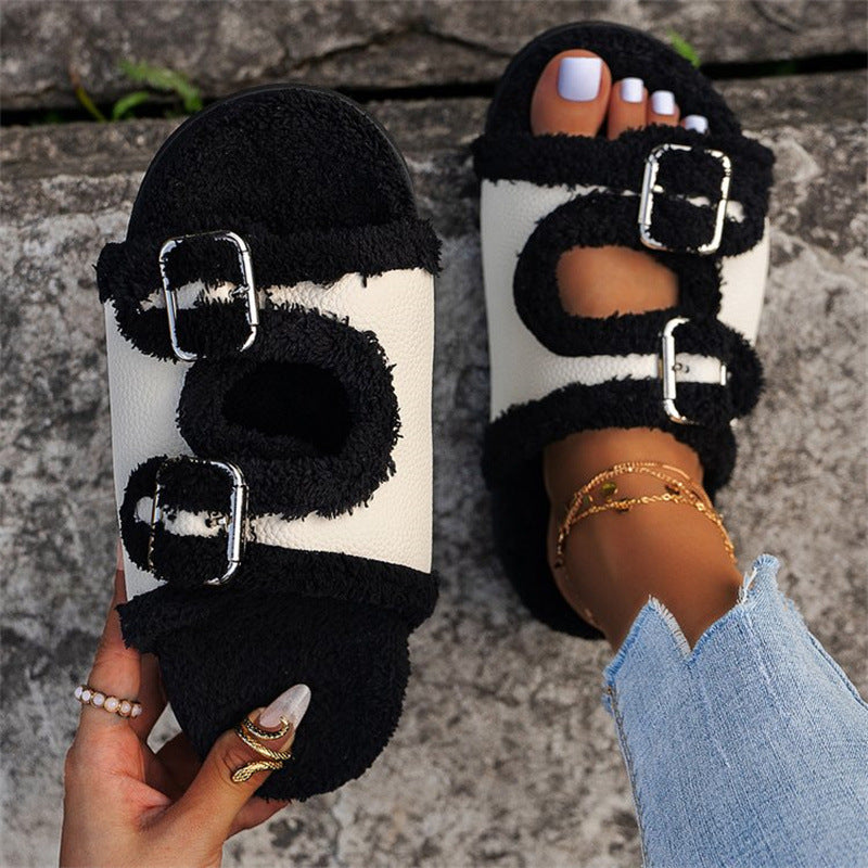 Thick-Sole Buckle Lamb Swool Slippers For Women - Lazy Plush Shoes