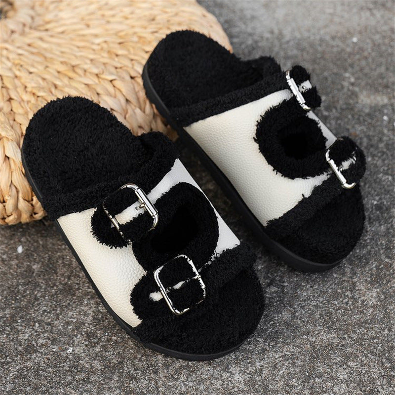 Thick-Sole Buckle Lamb Swool Slippers For Women - Lazy Plush Shoes