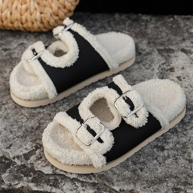 Thick-Sole Buckle Lamb Swool Slippers For Women - Lazy Plush Shoes