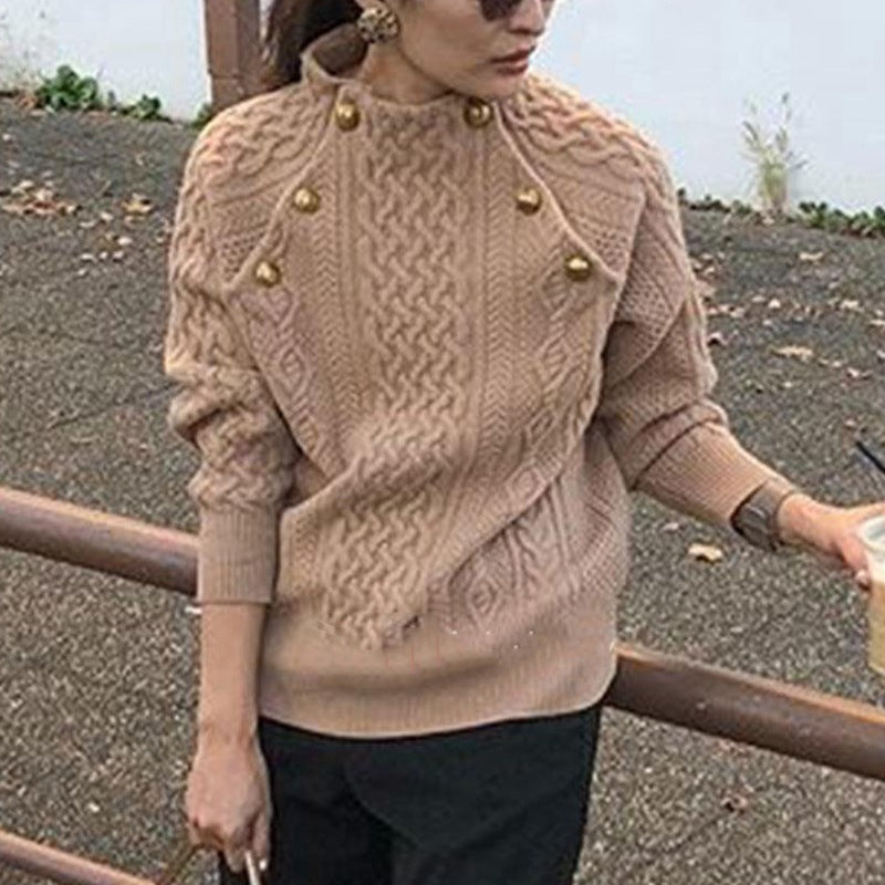 Fastener Decoration Solid-Colour  Long-Sleeve Twist-Round Neck Sweater