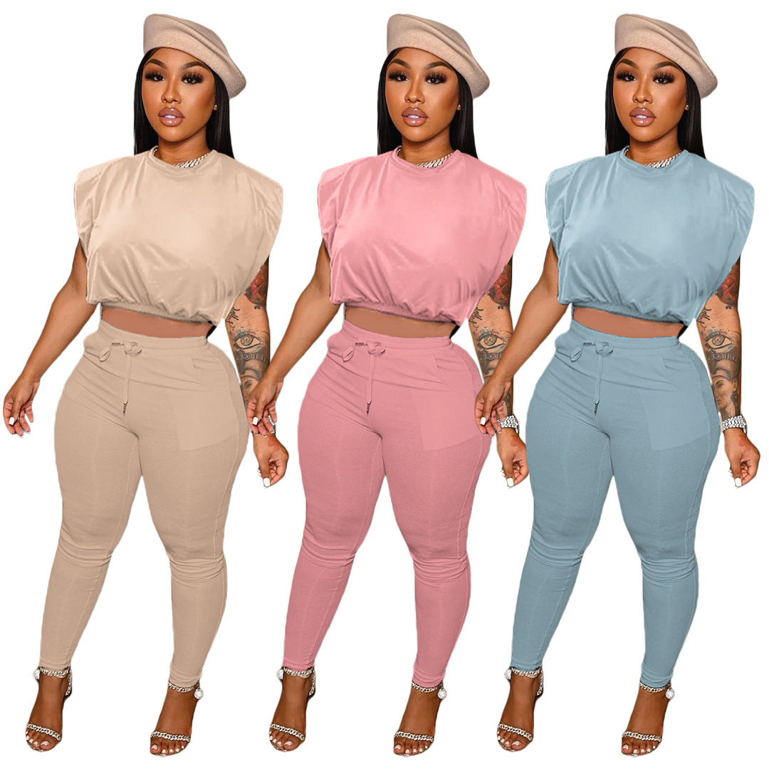 Tight Sleeveless Padded Shoulder T-Shirt String Pocket Two-Piece Set