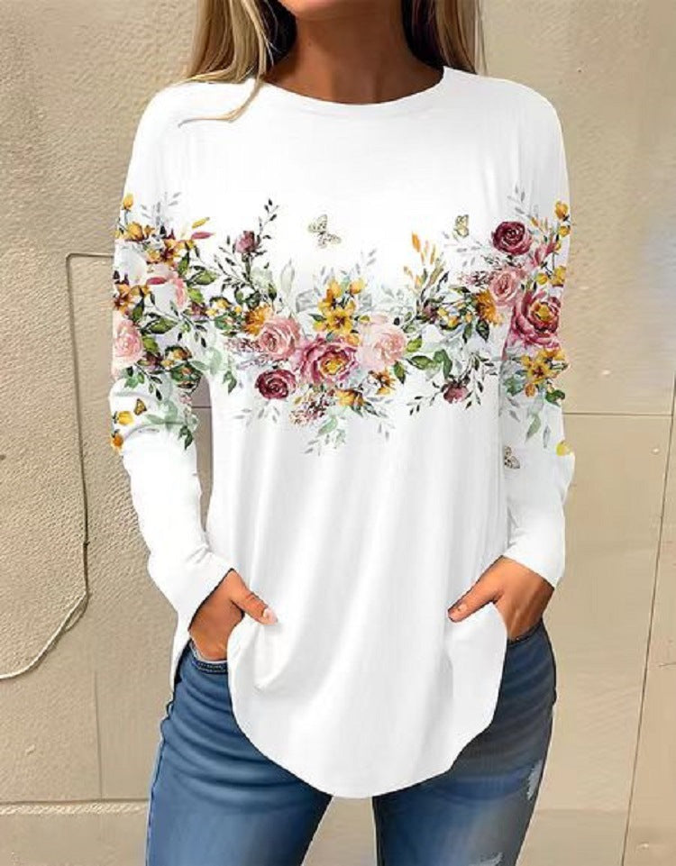 Flower Digital Printing Long-Sleeve T-Shirt