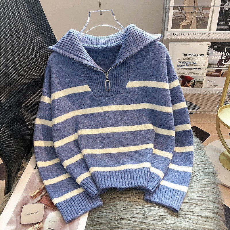 Korean-Style Loose Fashion Zipper Striped Sweater