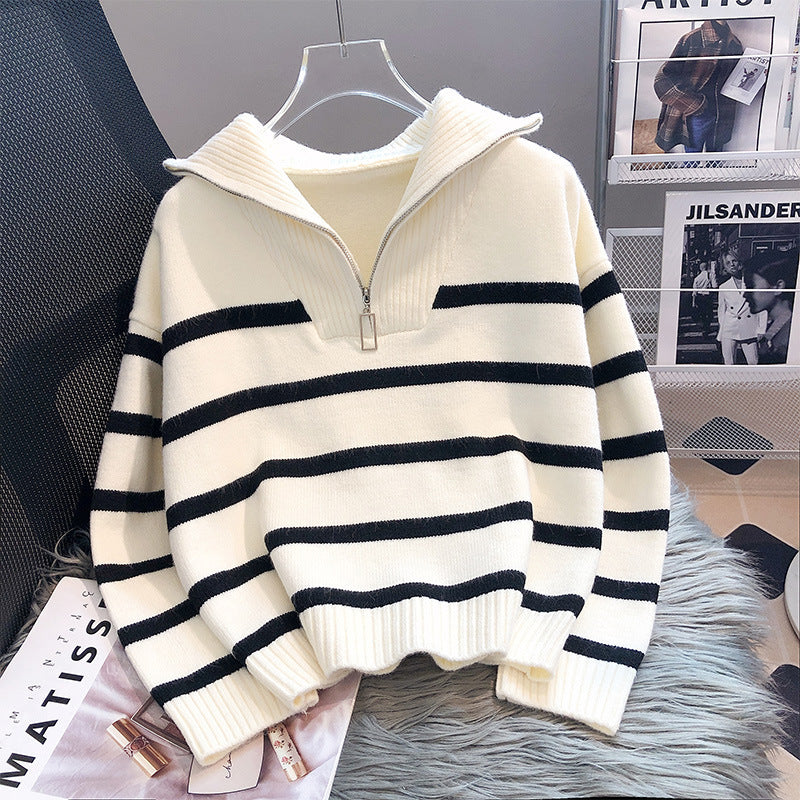 Korean-Style Loose Fashion Zipper Striped Sweater