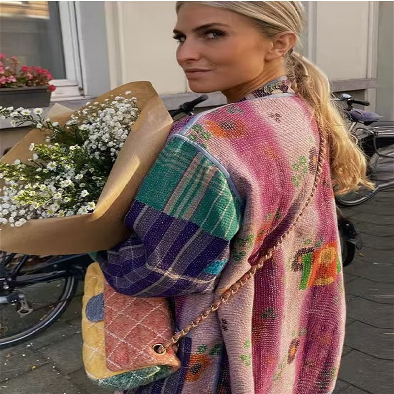 Mid-length Multicolor Printing Cotton Coat Jacket Women