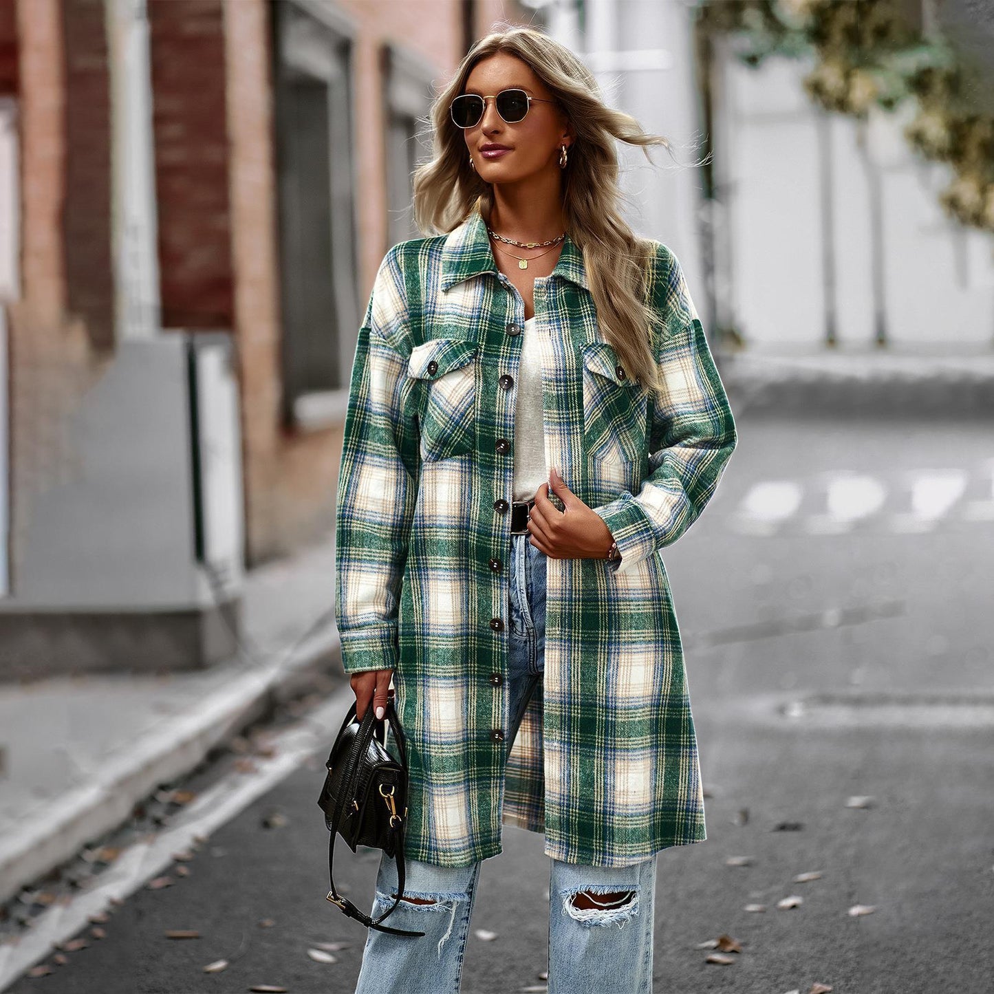 Temperament Leisure Long Plaid Tup Cardigan Coat