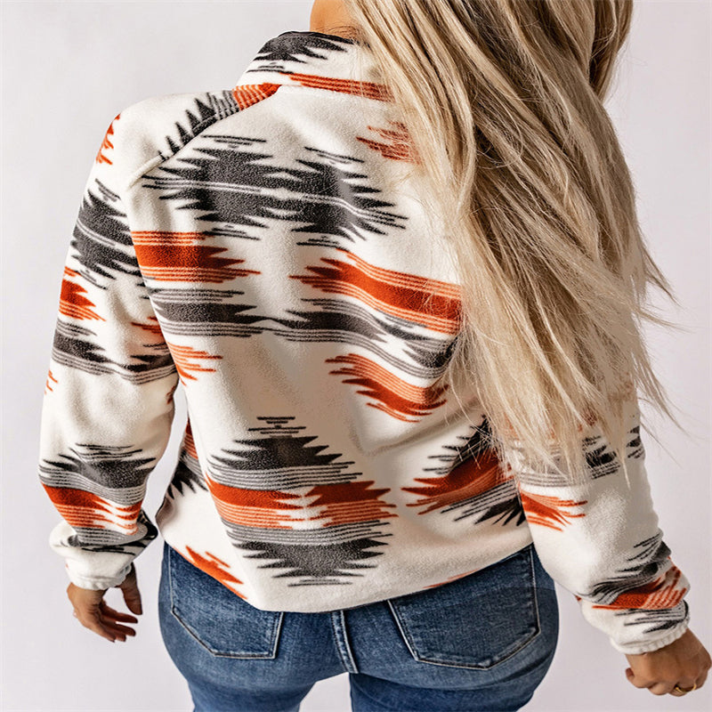 Women's  Colour-Contrast Printed Fleece Coat