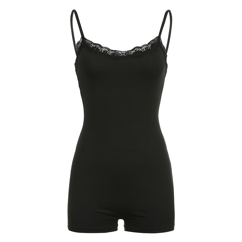 Lace Stitching Sexy Low-Cut Tight-Fitting Black One-Piece Shorts