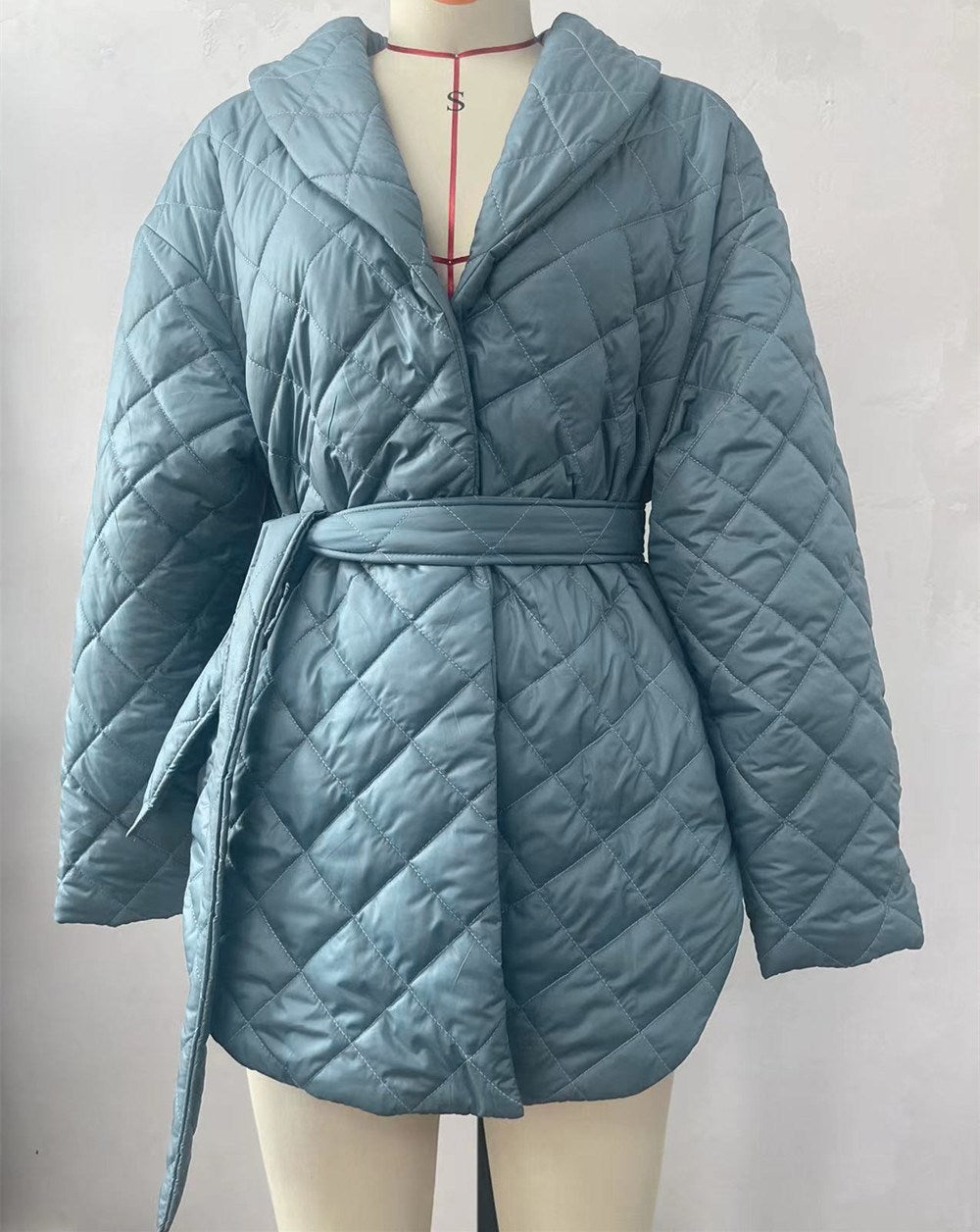 Slim-Fit Lace-Up Lapel Plaid Cotton-Padded Women's Coat