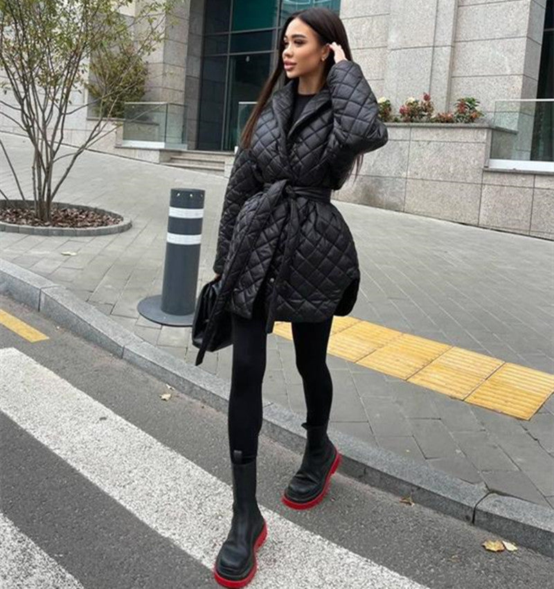 Slim-Fit Lace-Up Lapel Plaid Cotton-Padded Women's Coat