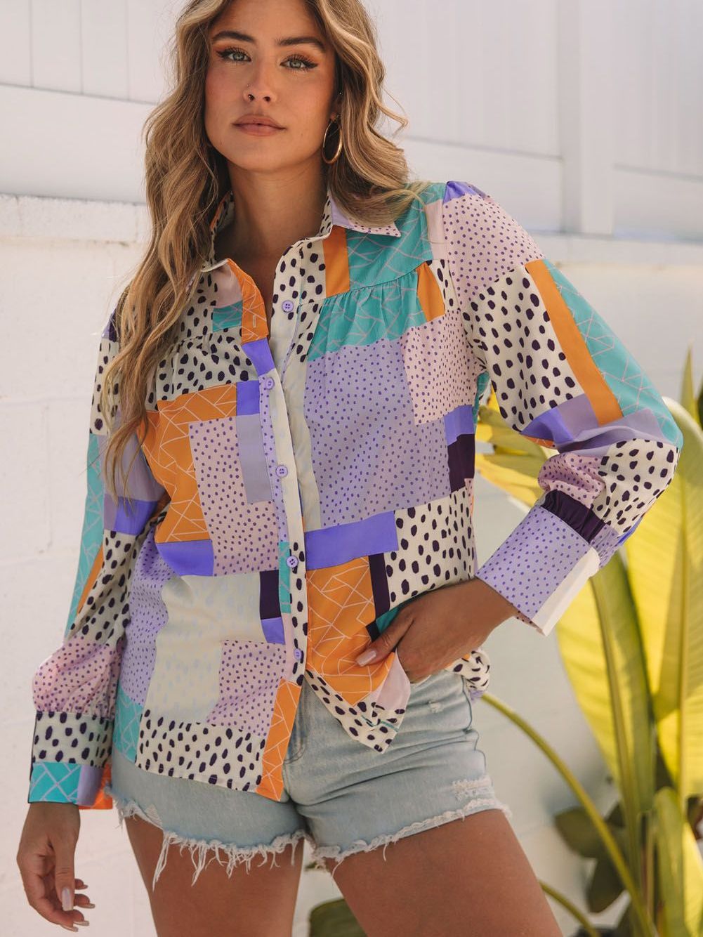 Printed Front Button Cuffed-Sleeve Shirt For Women