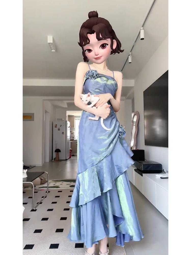 French-Style Mermaid Blue Sling Dress