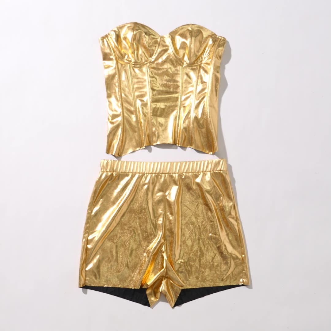 Faux Leather Metallic Body Shaping Tube Top Casual Shorts - Two-Piece Suit