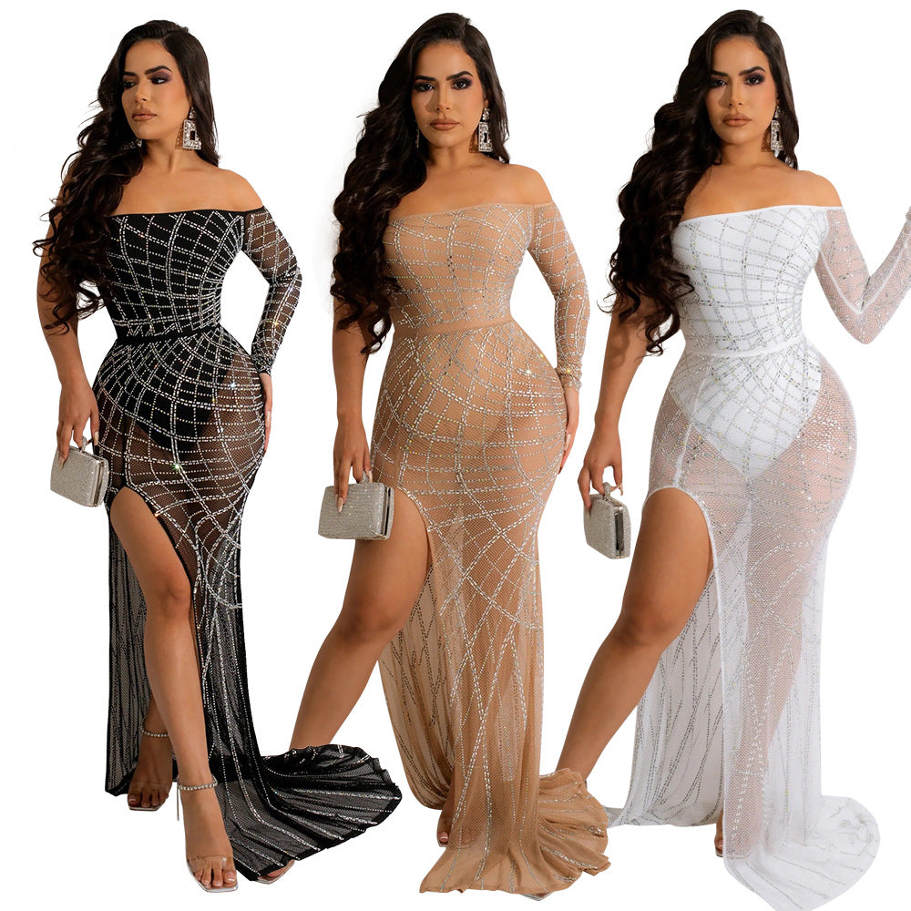 Off-the-Shoulder See-Through Hot-Drilling High-Slit Dress