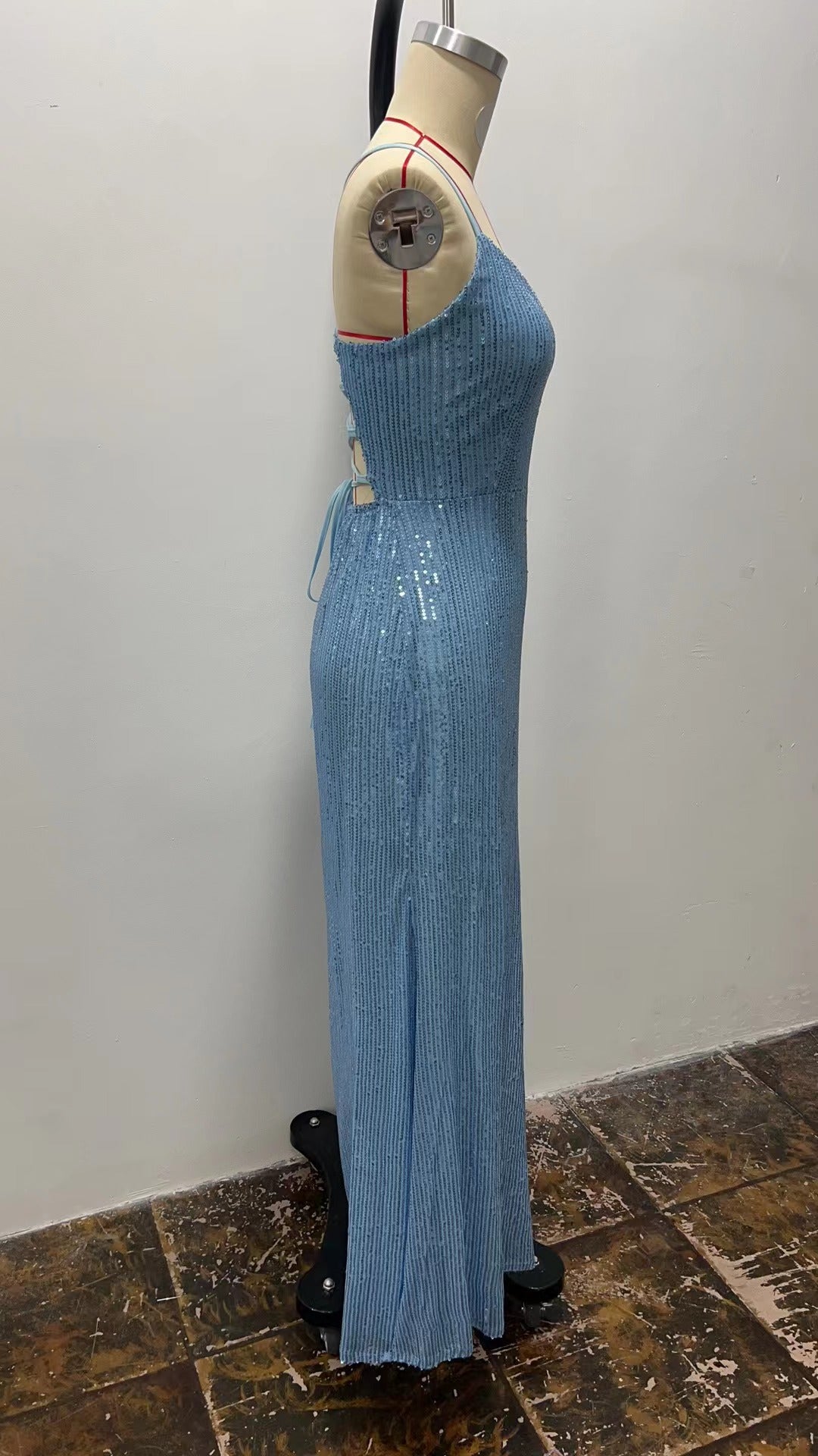Slant-Shoulder Split Sequins Evening Dress
