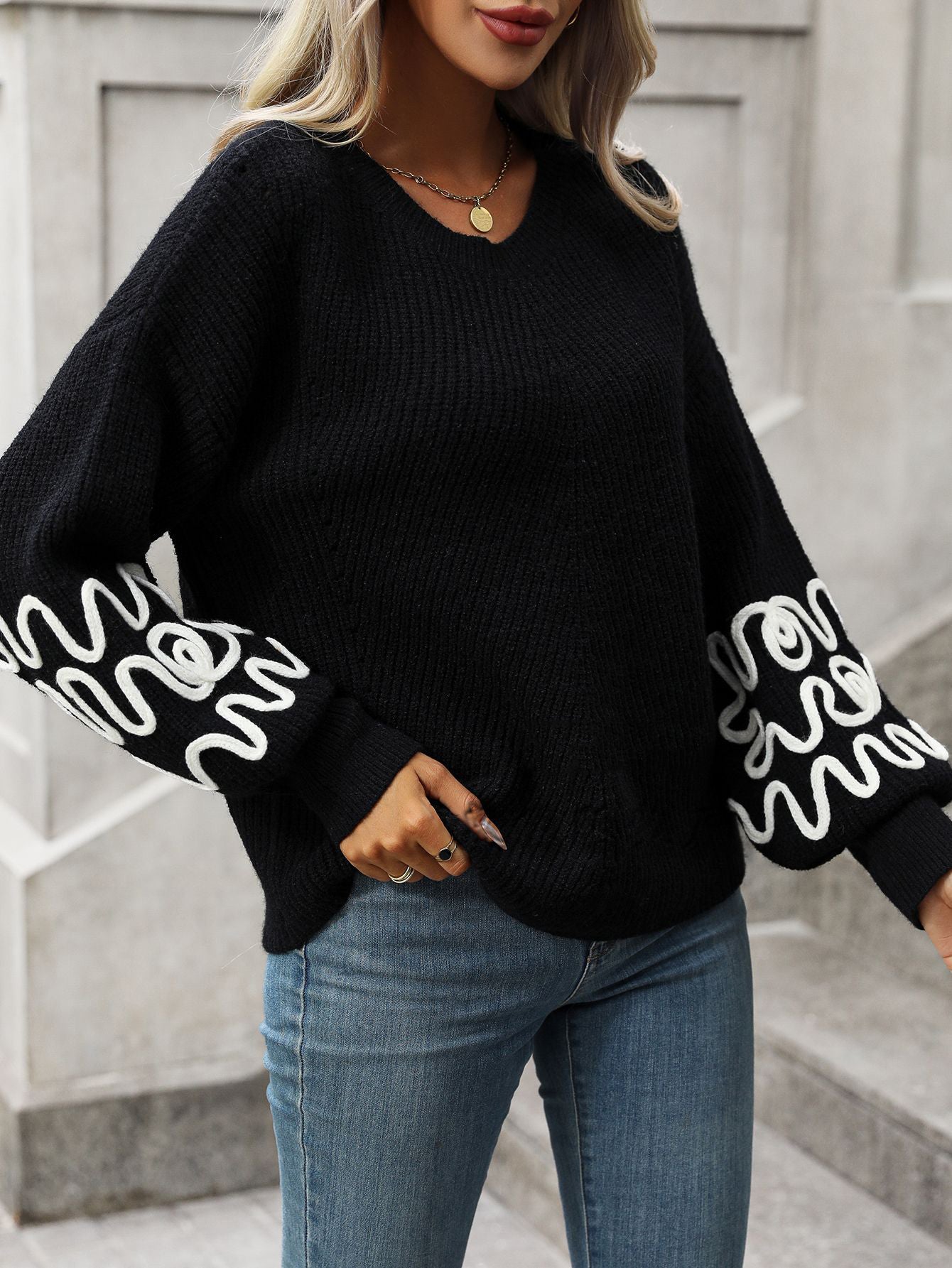 European & American Solid-Colour Pattern Fashionable Knitted Sweater