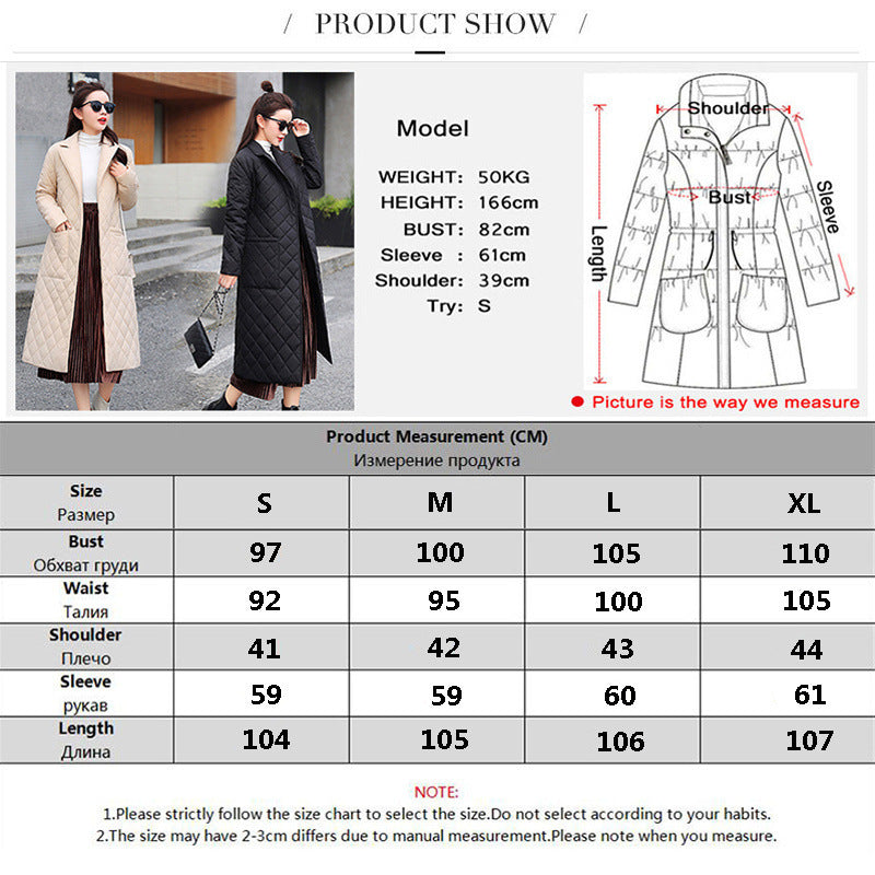 Mid-length Lightweight Cotton-padded Jacket Female Suit Collar Diamond Lattice Coat For Women