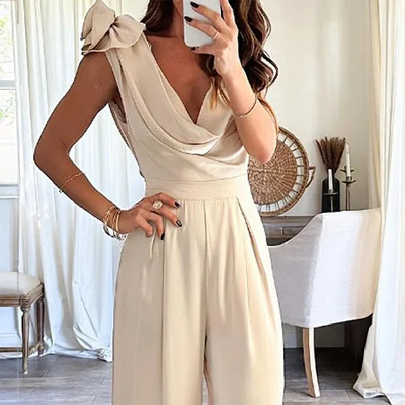 Low-Collar Solid-Colour Elegant-Waist Wide-Leg Jumpsuit