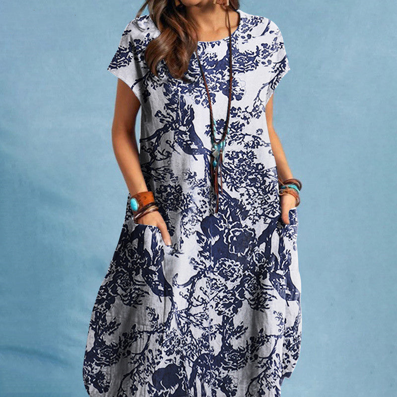 Women's New Fashion Cotton & Linen Plant Print Round-Neck Pocket Short-Sleeve Casual Dress