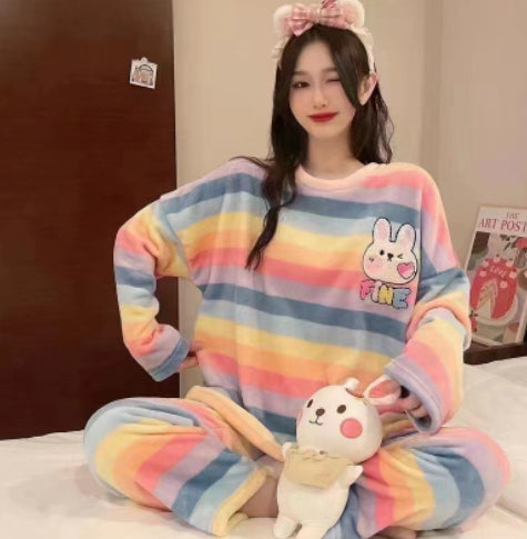 Rainbow Rabbit Round-Neck Two-Piece Homewear For Women