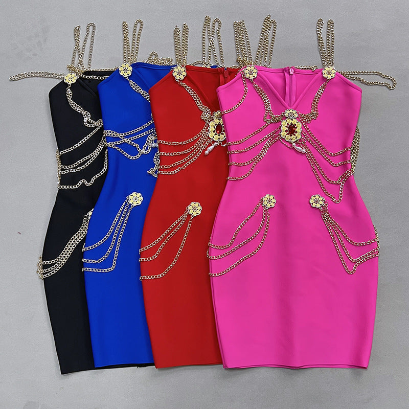Gold Chain Bandage Evening Mini Dress