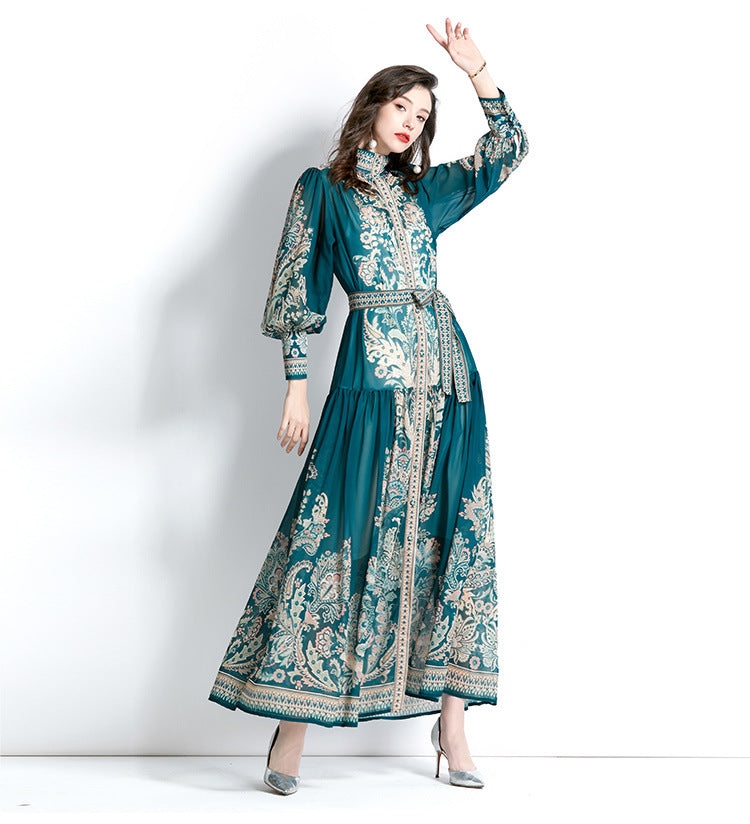 Stand-Up Collar Puff-Sleeve Lace Printing Dress