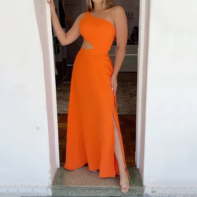 Women's Clothing Casual Fashion Shoulder Sleeveless Pure Color Tied Midriff Outfit Long Slit Dress