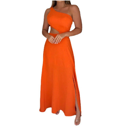 Women's Clothing Casual Fashion Shoulder Sleeveless Pure Color Tied Midriff Outfit Long Slit Dress