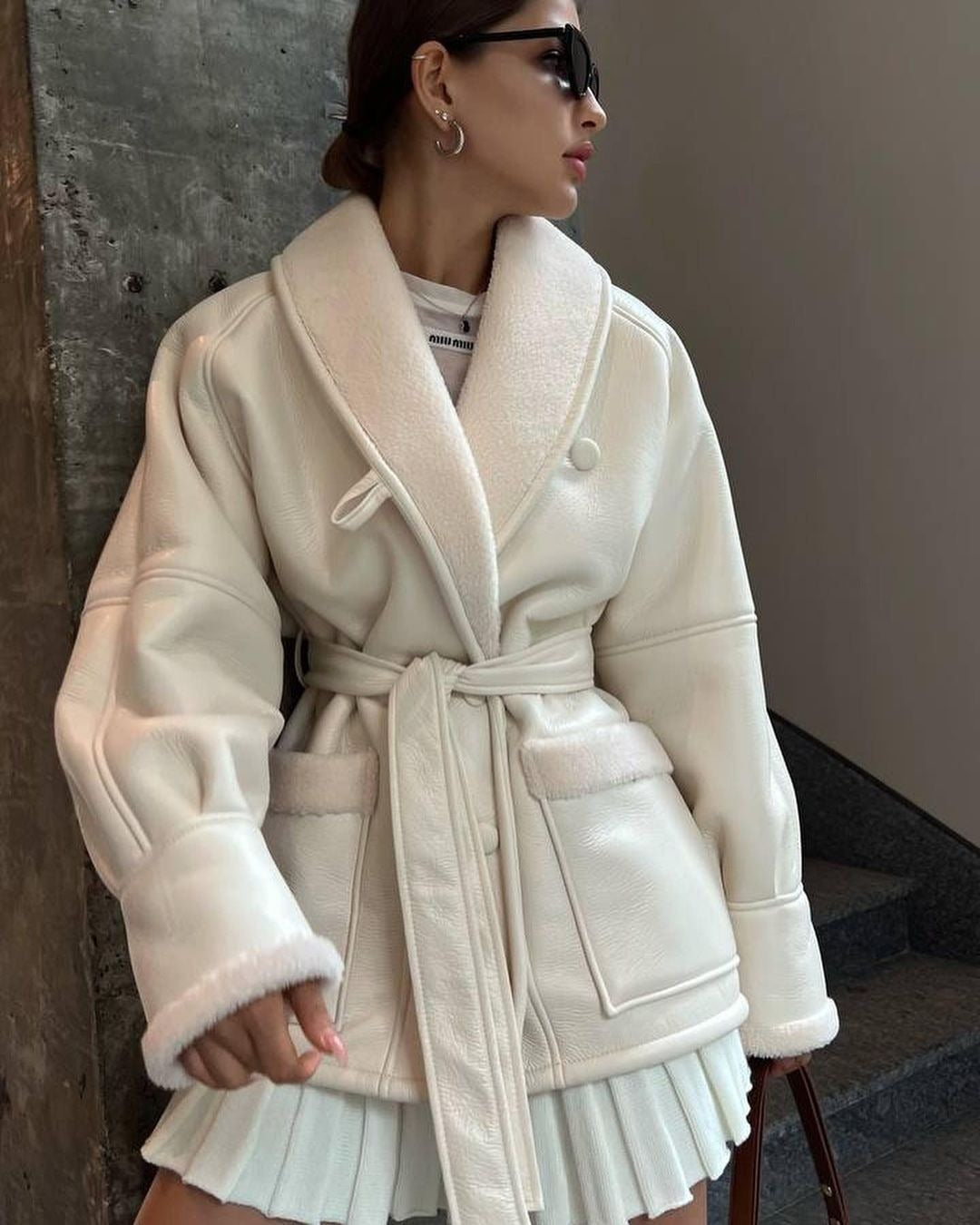 Leather-and-Fur  Long-Sleeve Splicing Coat