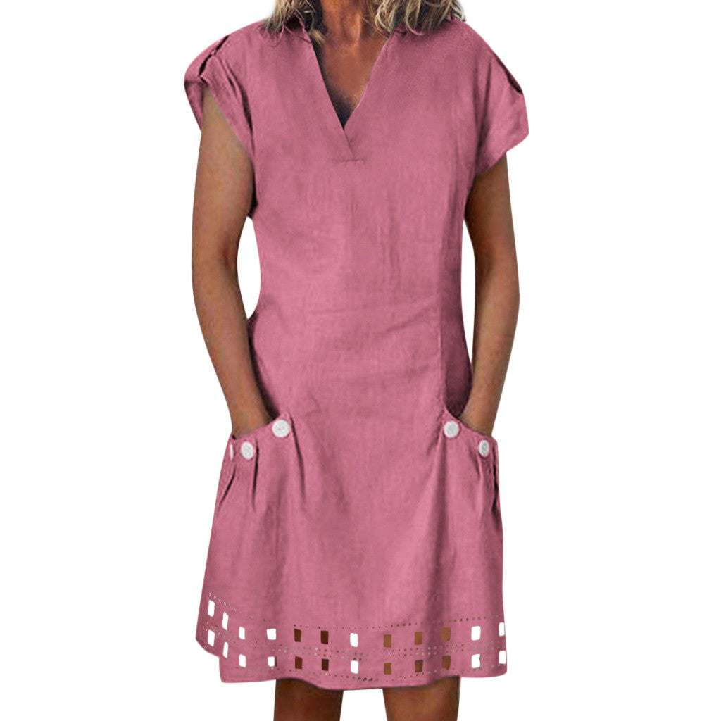 Loose V-neck casual cotton and linen skirt