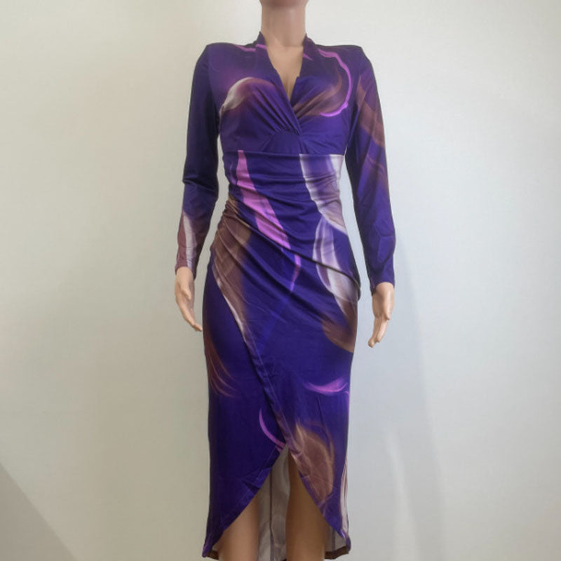 European & American Women's V-Neck Fashion Printing Slim Long Sleeve Narrow Dress