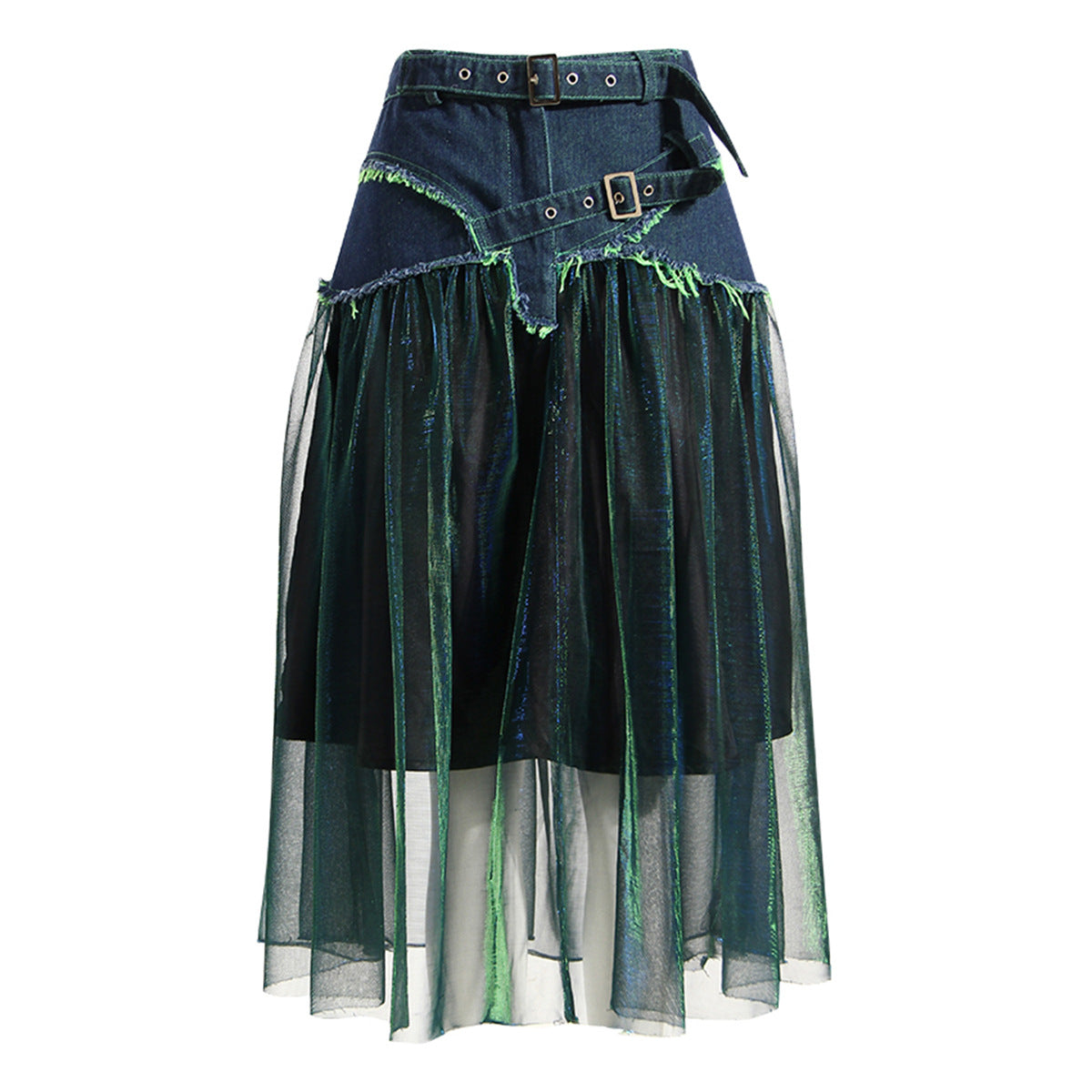 Denim Stitching Colourful Mesh Contrast-Colour High-Waist Slimming Midi A-Line Skirt