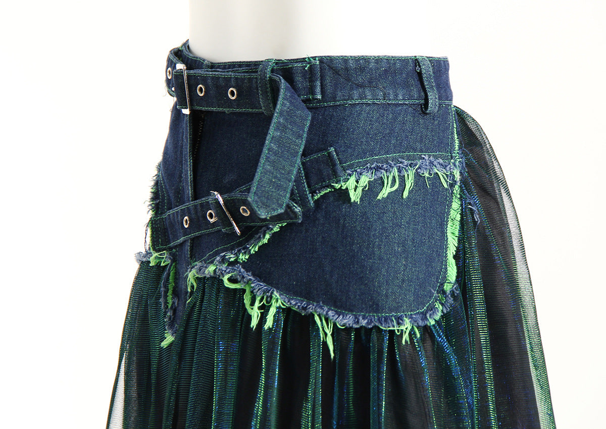 Denim Stitching Colourful Mesh Contrast-Colour High-Waist Slimming Midi A-Line Skirt