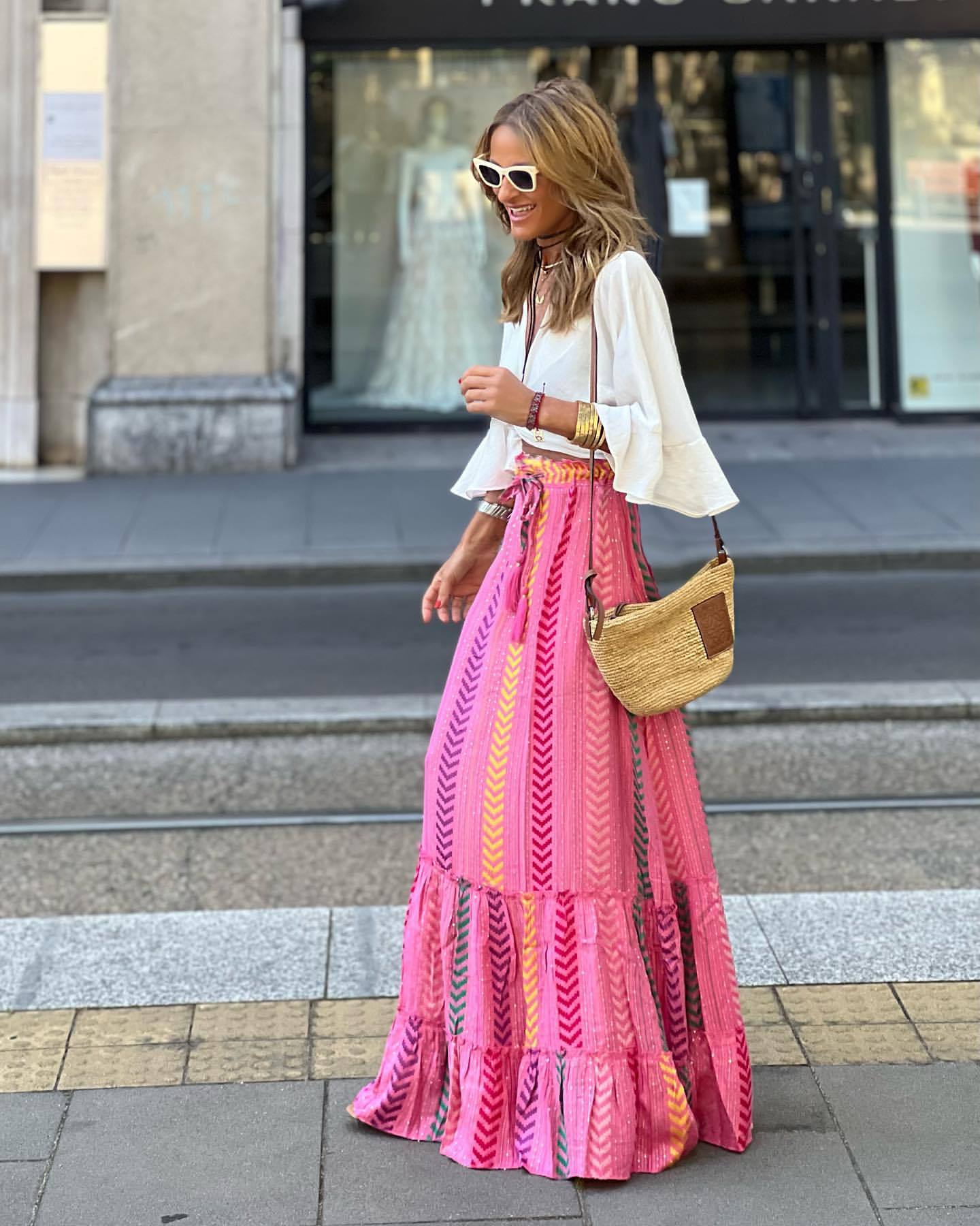 Vacation-Style Bohemian Printing Big-Hem Skirt