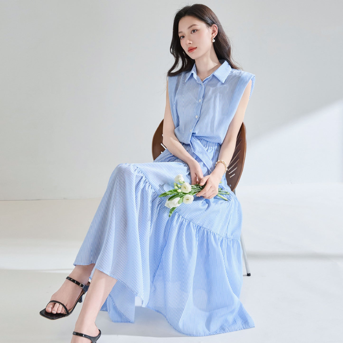 Blue And White Striped Lace-up Waist-tight Three-dimensional Wide Shoulder Fake Two Pieces Shirts Dress